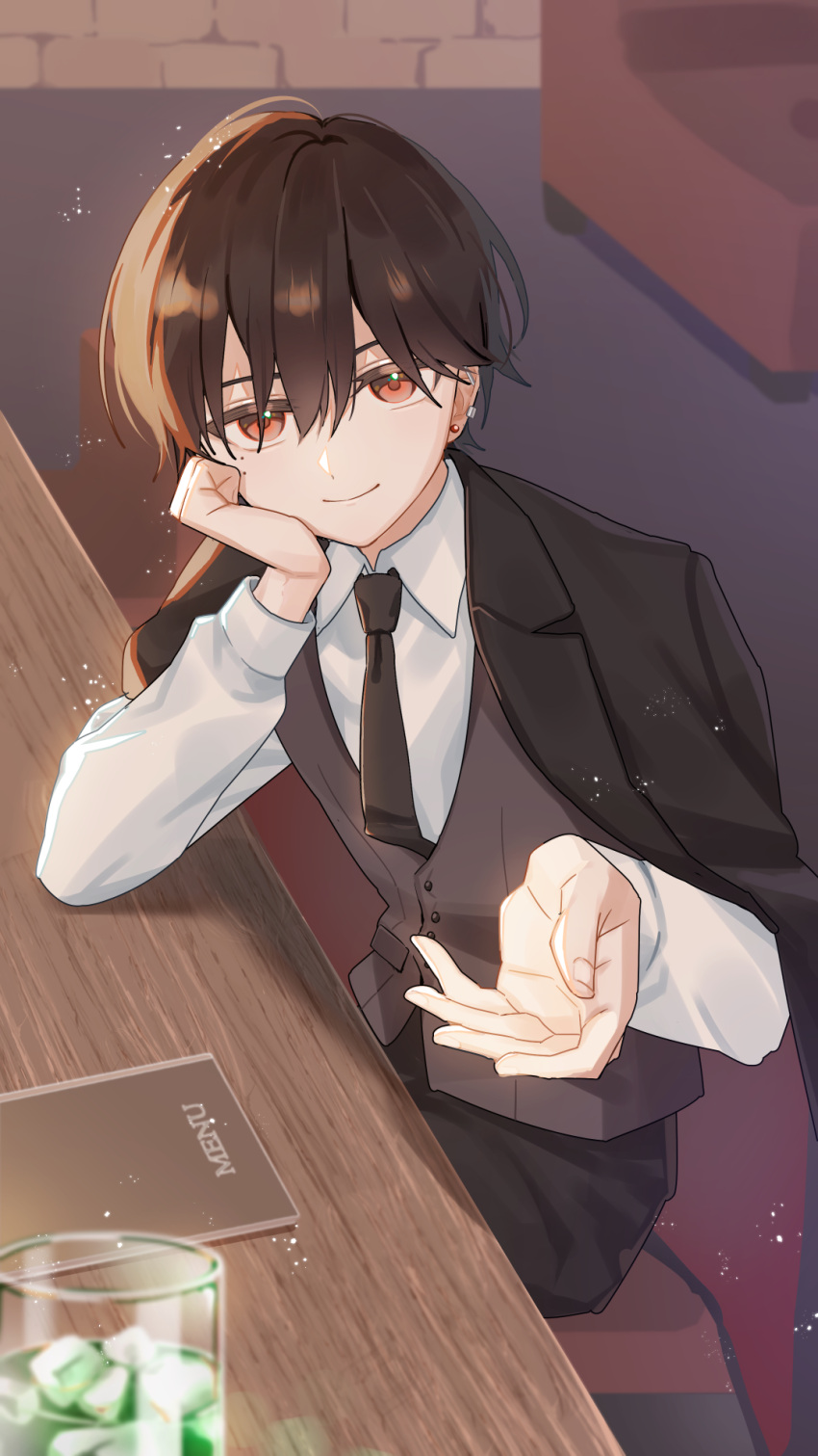 1girl, androgynous, bar_(place), black_hair, black_jacket, black_necktie, black_pants, brown_vest