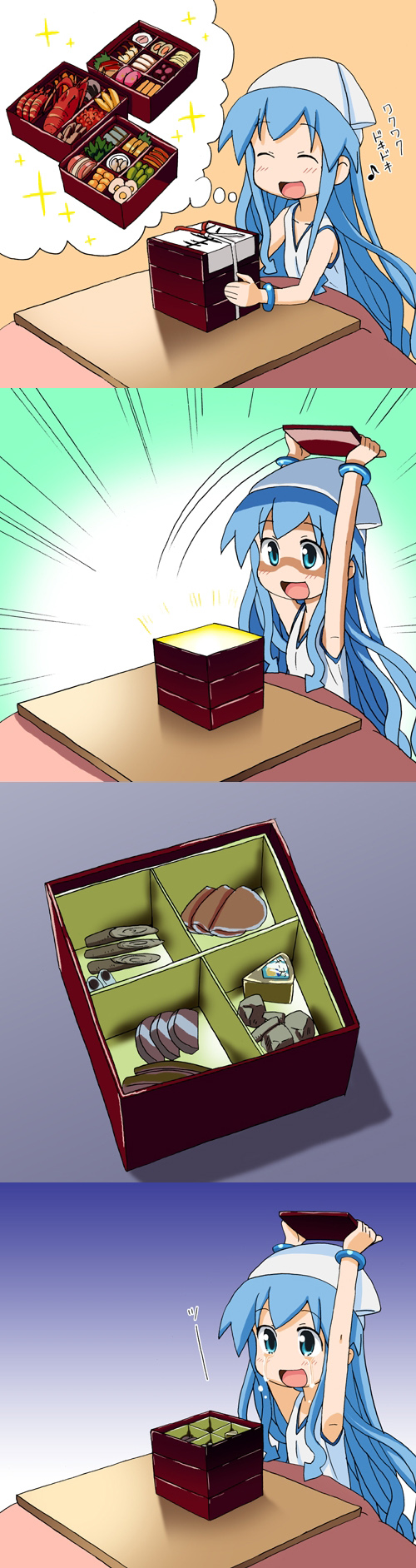 4koma, animal_girl, armpits, blue_eyes, blue_hair, blush, cheese, closed_eyes
