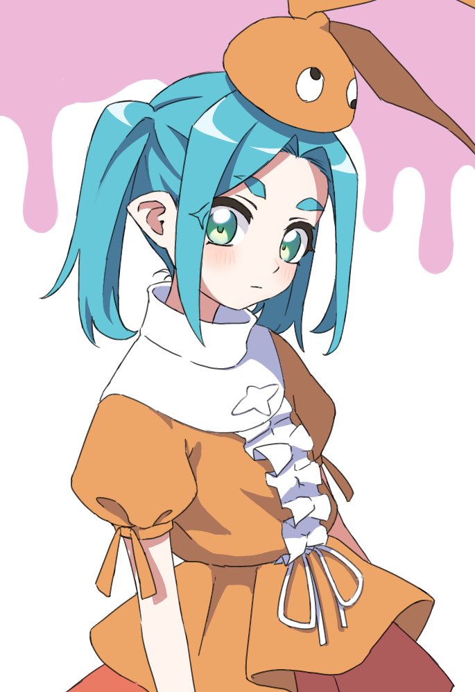 1girl, blue_hair, blush, dress, expressionless, green_eyes, hat, looking_at_viewer