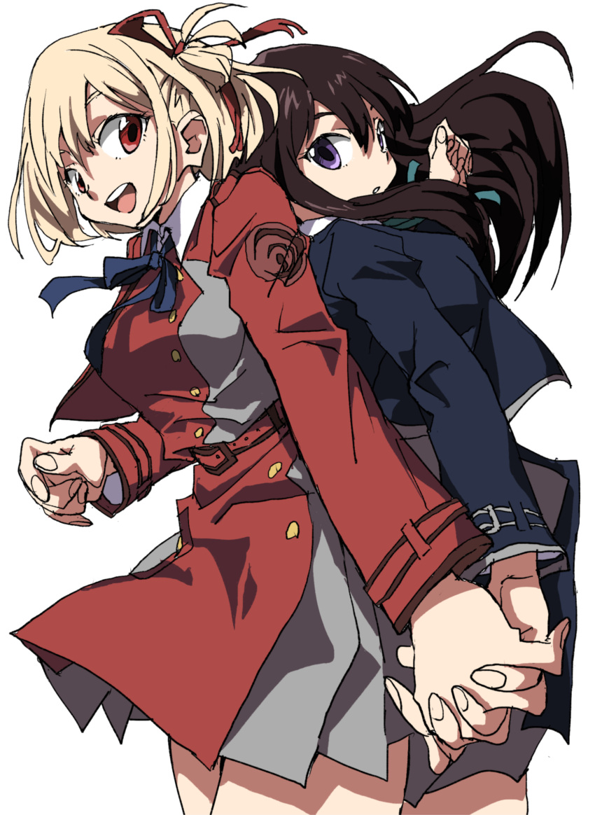 2girls, back-to-back, belt, belt_buckle, black_hair, blonde_hair, blue_belt, blue_dress