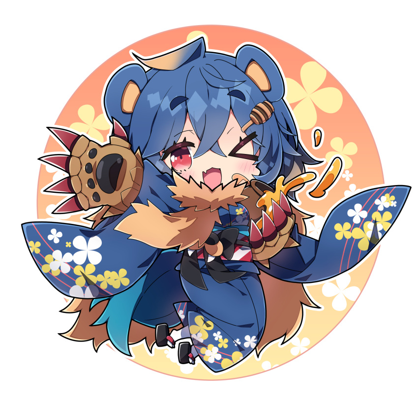 >_o, 1girl, ;d, ahoge, animal_ears, arzuros, black_footwear, blue_hair