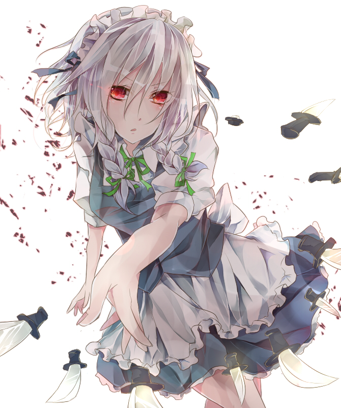 bad_id, braid, hair_ribbon, izayoi_sakuya, knife, maid, maid_headdress, neck_ribbon