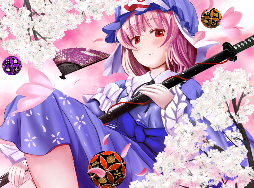 aw, cherry_blossoms, fan, folding_fan, hat, katana, pink_hair, red_eyes