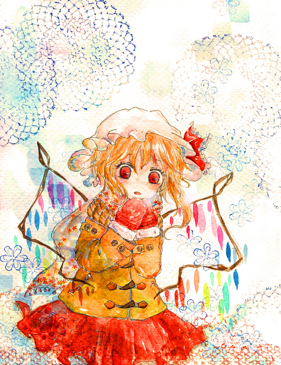 bad_id, blonde_hair, flandre_scarlet, hat, mittens, momoko_(pixiv219000), red_eyes, short_hair