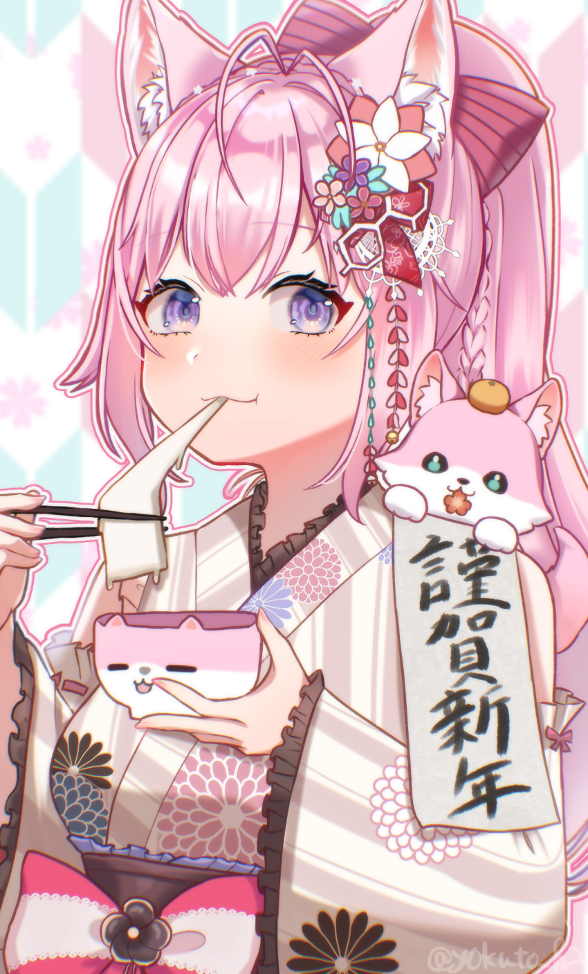 1girl, animal_ears, antenna_hair, bikini, blush, chopsticks, closed_mouth, commentary_request