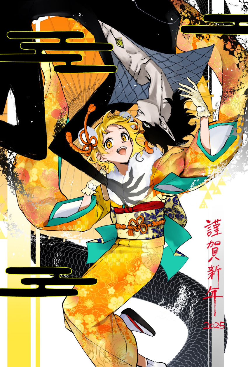 1boy, 1girl, 2025, 62kaeru, :d, black_hair, blonde_hair, chest_jewel