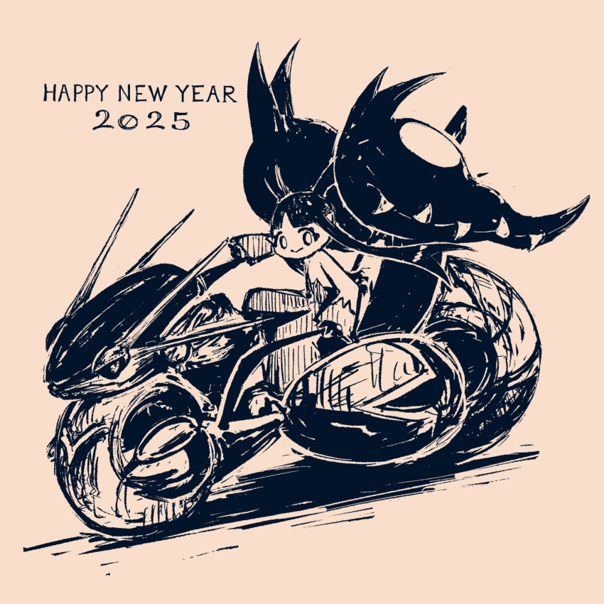 2025, english_commentary, greyscale, happy_new_year, highres, looking_at_viewer, mawile, mega_mawile