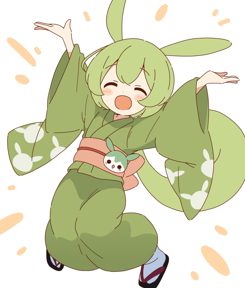 1girl, :d, ^_^, animal_ears, arms_up, black_footwear, blush, closed_eyes