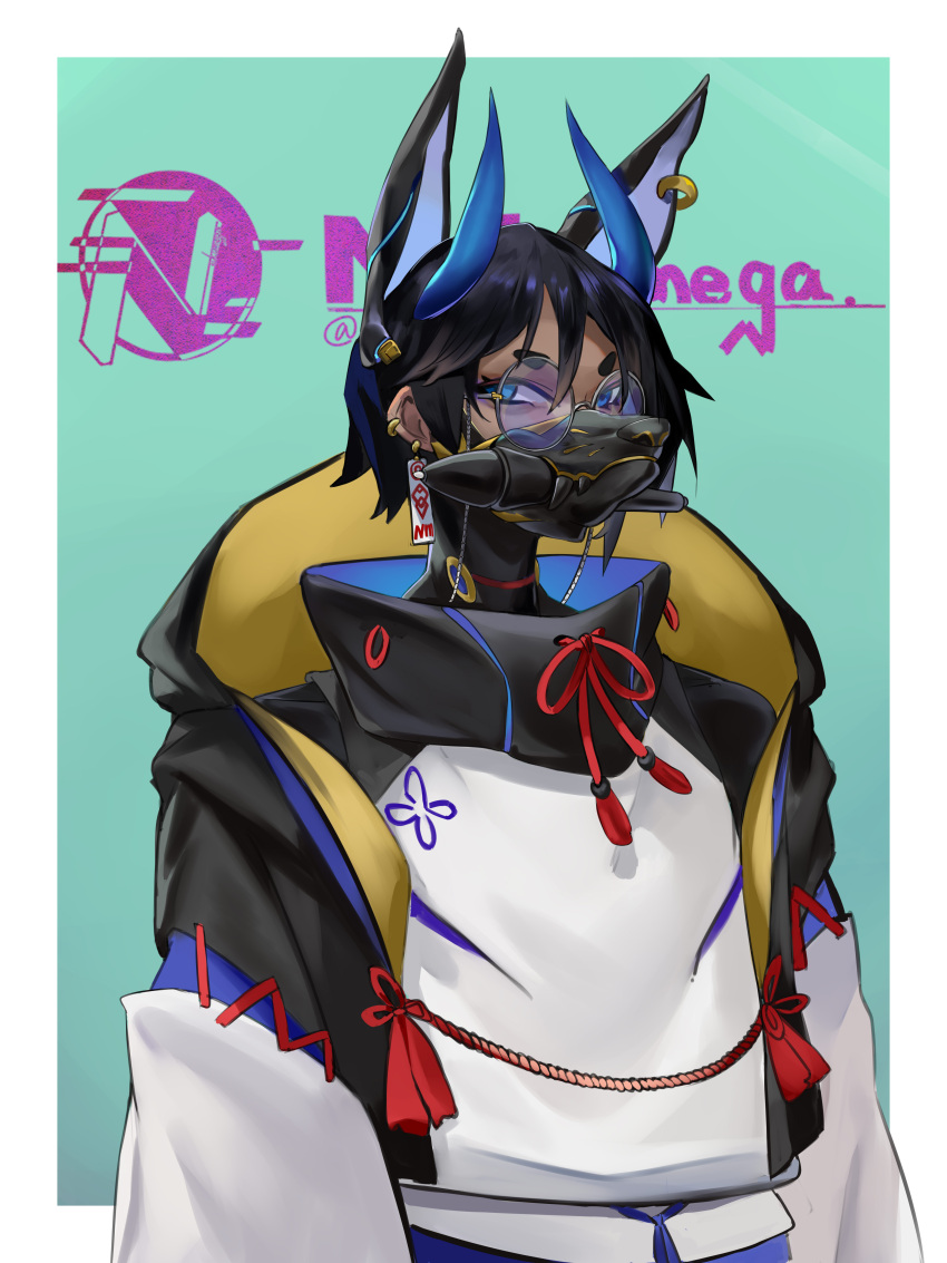1boy, absurdres, animal_ears, black_hair, border, ear_piercing, earrings, glasses, green_eyes, highres, horns, jacket, jewelry, looking_at_viewer, male_focus, mask, nekumega, open_clothes, open_jacket, original, outside_border, piercing, solo, white_border