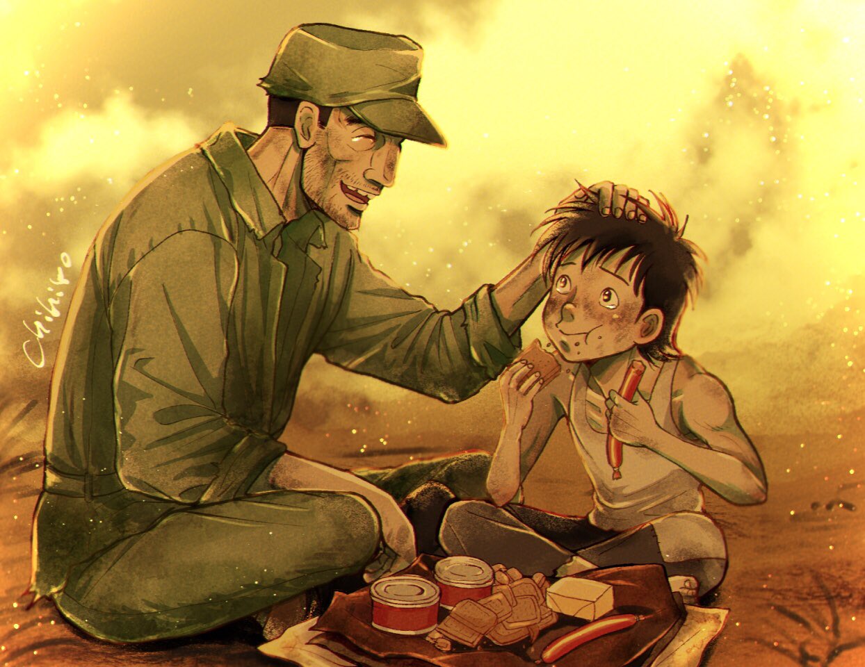 2boys, :t, artist_name, ashita_no_joe, black_hair, can, chihiro_(jnkch6), child, closed_eyes, dirty, dirty_face, eating, facial_hair, field_ration, food, green_hat, green_pants, hat, headpat, holding, holding_food, kim_yong-bi, looking_at_another, male_focus, military_uniform, multiple_boys, open_mouth, outdoors, pants, patch, sausage, short_hair, sitting, smoke, soldier, stubble, tank_top, teeth, white_tank_top