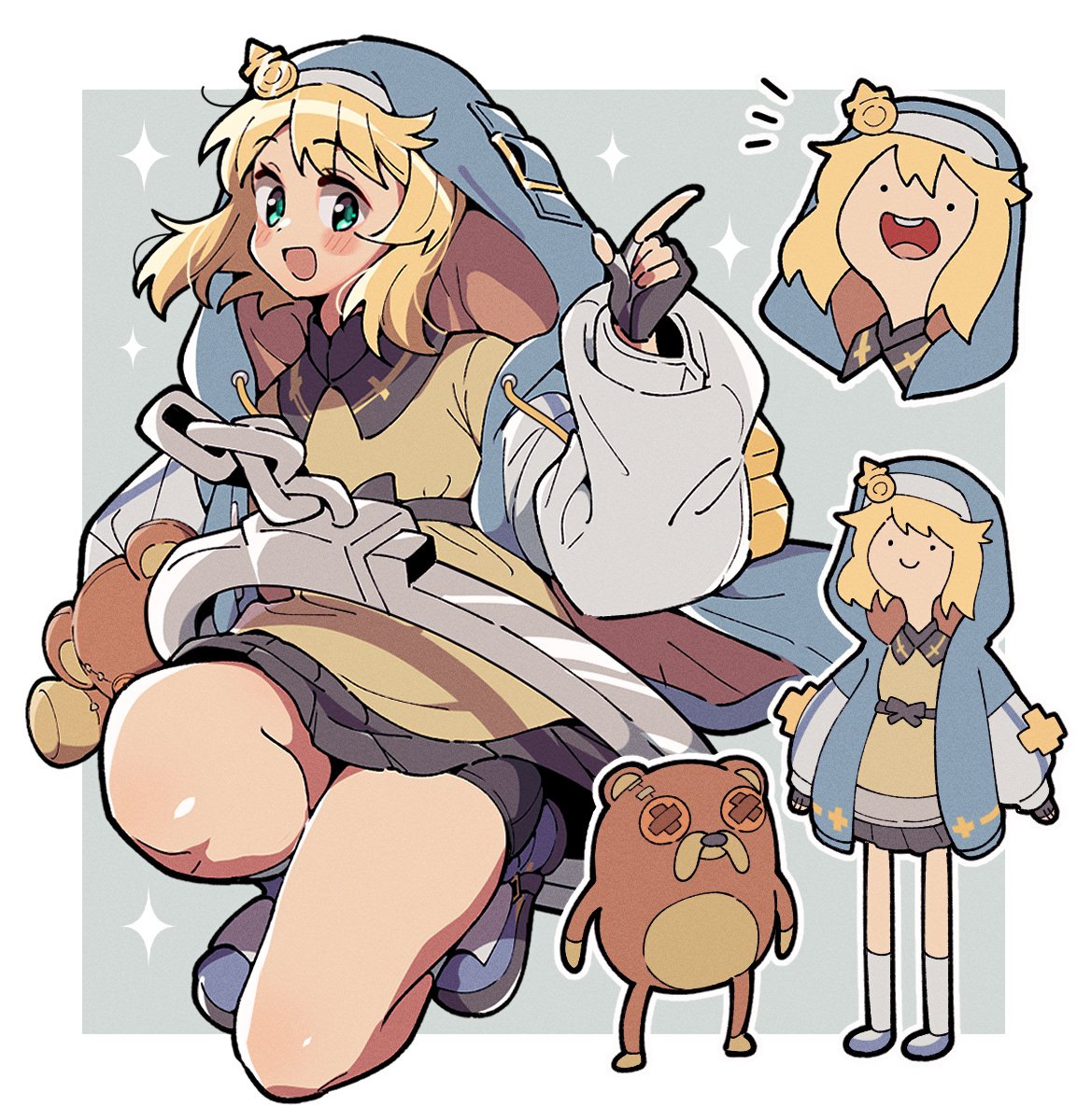 1girl, adventure_time, androgyne_symbol, bike_shorts, blonde_hair, bridget_(guilty_gear), cosplay, cuffs