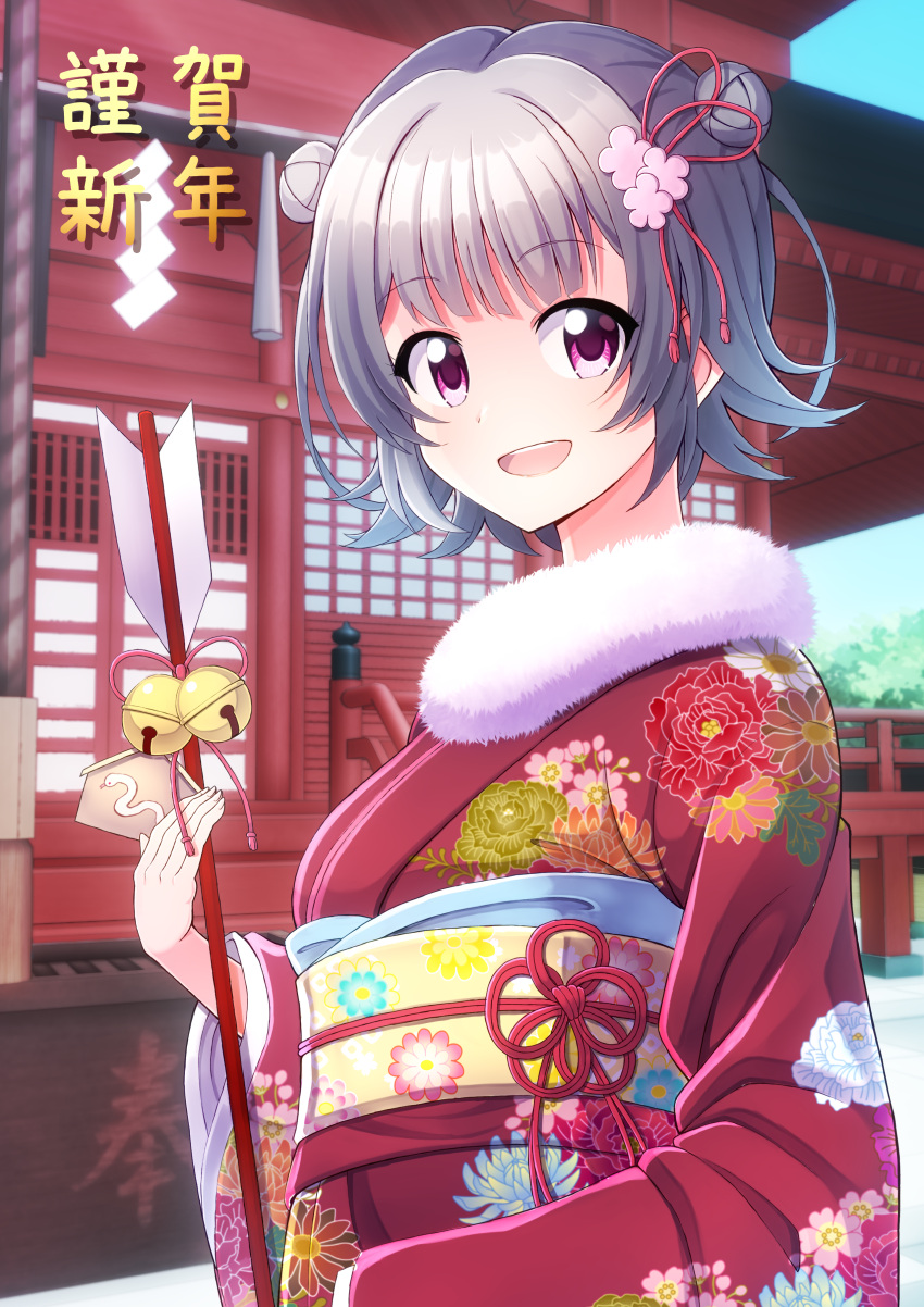 1girl, absurdres, cevio, double_bun, floral_print, furisode, grey_hair, hair_bun