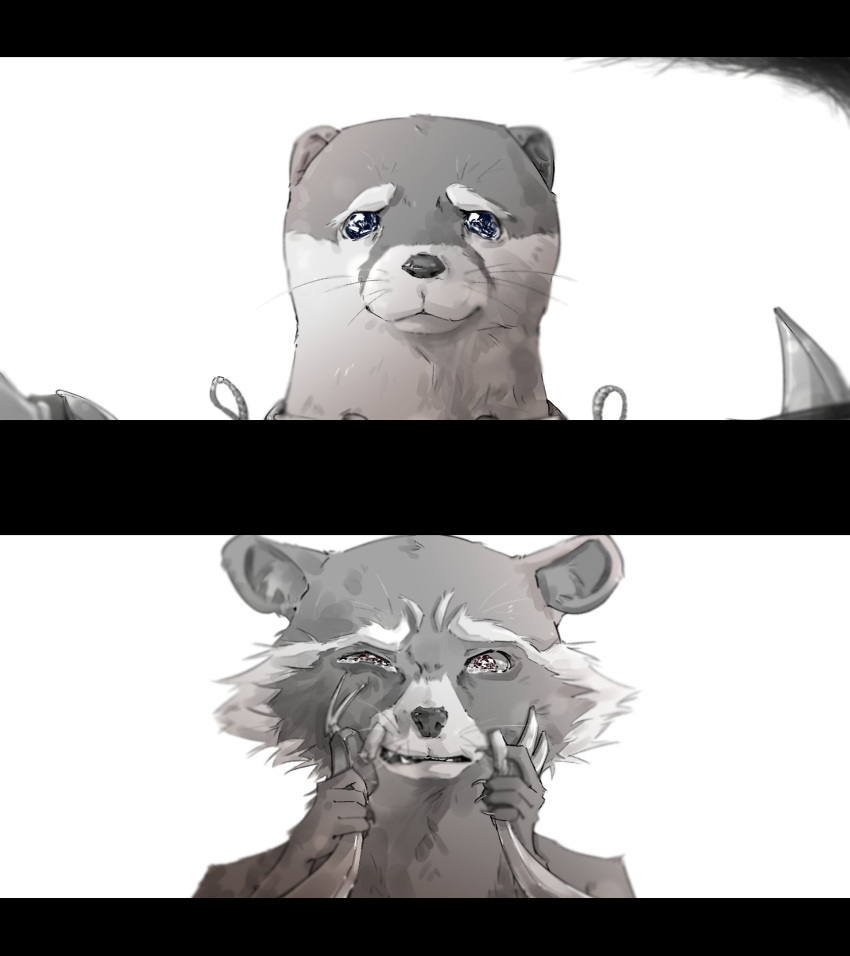 1boy, 1girl, animal_ears, claws, closed_mouth, commentary_request, crying, fangs, furry, furry_female, furry_male, greyscale, guardians_of_the_galaxy, guardians_of_the_galaxy_vol._3, half-closed_eyes, hands_on_another's_face, highres, holding_hands, korean_commentary, looking_at_another, lylla_(marvel), marvel, marvel_cinematic_universe, monochrome, otter_ears, otter_girl, prosthesis, prosthetic_arm, ra_matang, raccoon_boy, raccoon_ears, rocket_raccoon, tearing_up, whiskers, white_background