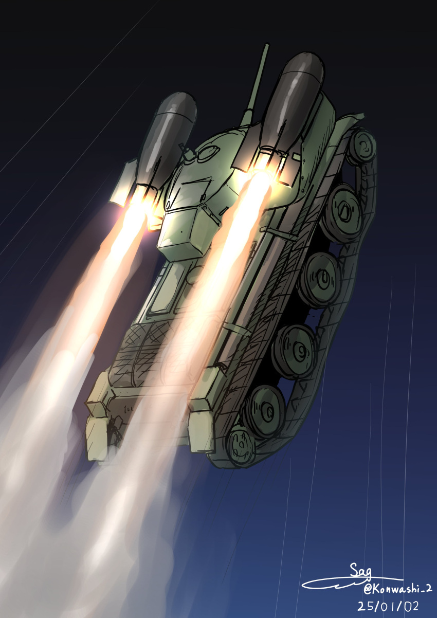 absurdres, blue_sky, bt-5, commentary, dated, flying, highres, military_vehicle