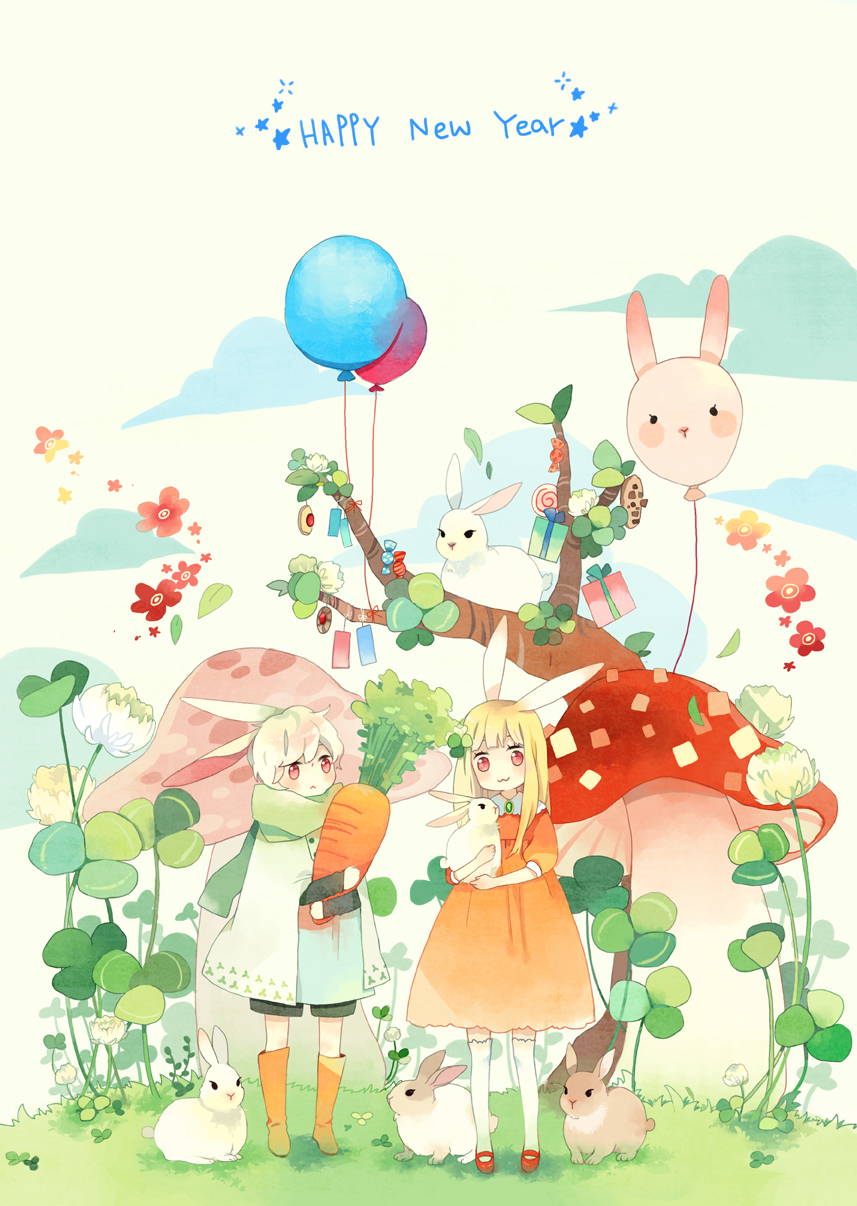 1girl, :3, animal_ears, balloon, blonde_hair, boots, bunny, bunny_ears