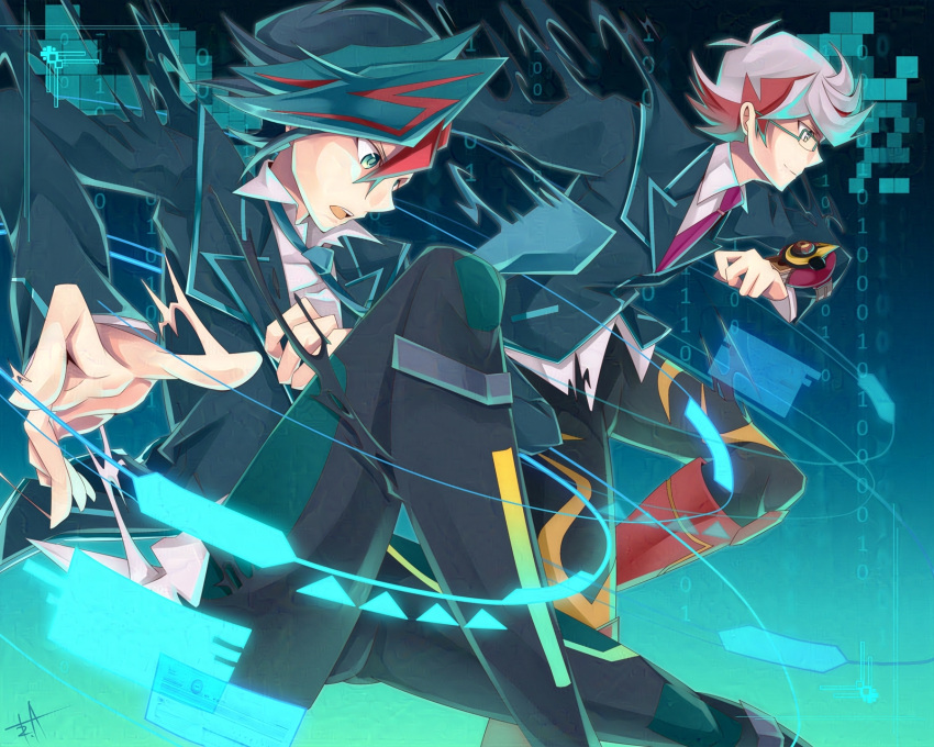 2boys, akisaki, alternate_form, binary, black_hair, black_jacket, black_pants, blue_background