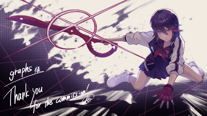 1girl, absurdres, black_hair, blue_eyes, commission, fingerless_gloves, gloves, highres