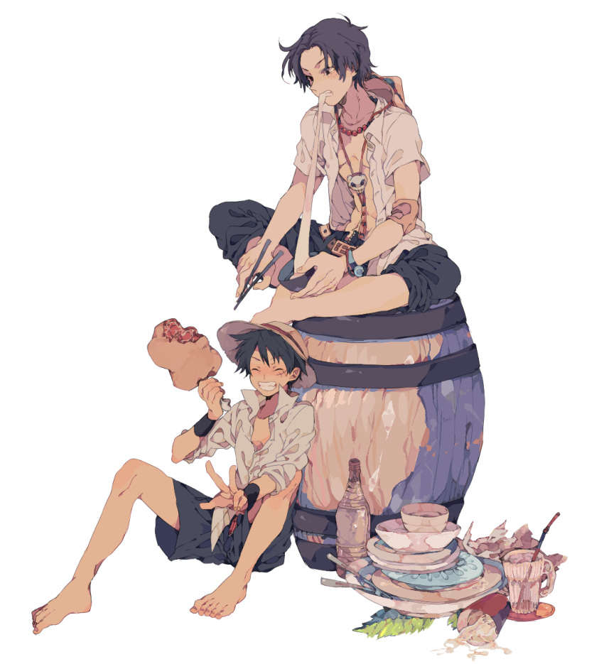 barefoot, barrel, black_hair, bowl, brothers, chopsticks, closed_eyes, eating, eyes_closed, feet, food, freckles, grin, hands, hat, highres, male, meat, monkey_d_luffy, multiple_boys, one_piece, plate, portgas_d_ace, ren_(zero_second), scar, shorts, siblings, simple_background, smile, straw_hat, transparent_background