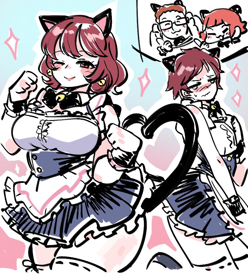 animal_ears, apron, bell, blush, breasts, cat_ears, cat_tail, closed_mouth, idolmaster, idolmaster_million_live!, idolmaster_million_live!_theater_days, large_breasts, looking_at_viewer, maid, maid_apron, mature_female, medium_hair, nonohara_akane, nonohara_akane's_mother, red_eyes, redhead, simple_background, smile, tail, wavy_hair