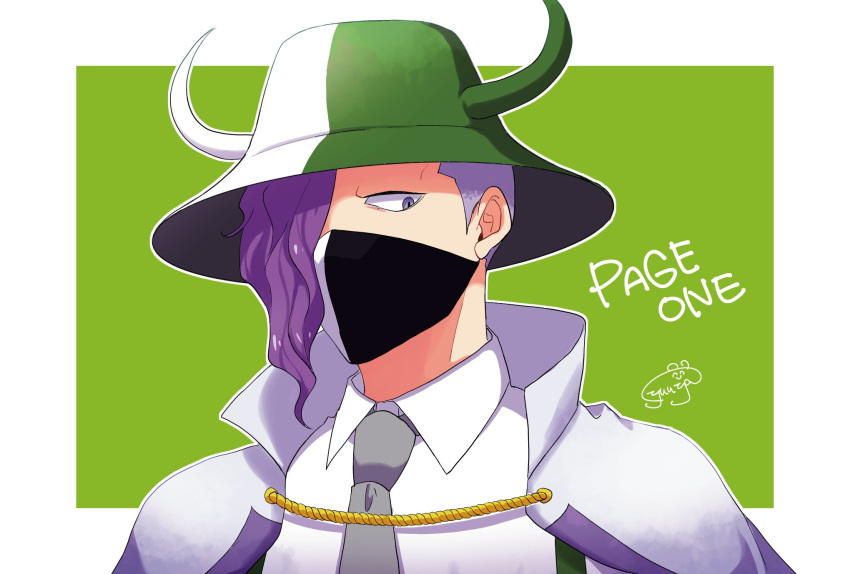 1boy, buzz_cut, cape, character_name, collared_shirt, commentary, green_hair, hair_over_one_eye
