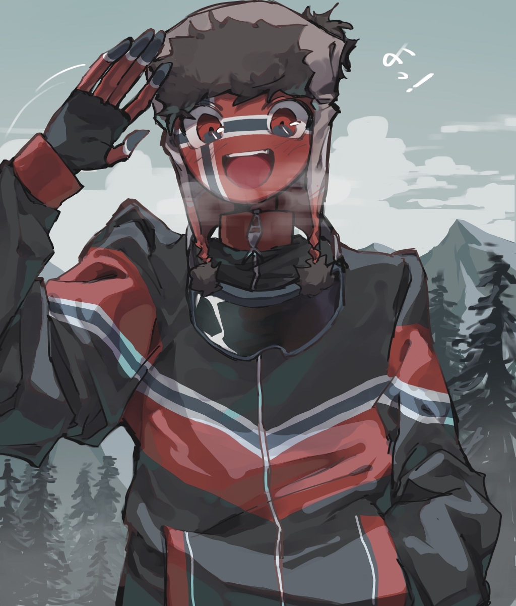1boy, black_jacket, clouds, colored_skin, countryhumans, forest, goggles, goggles_around_neck, hand_up, highres, jacket, kashiwabiso, looking_at_viewer, mountain, nature, norway_(countryhumans), norwegian_flag, open_mouth, outdoors, red_skin, smile, solo, translated