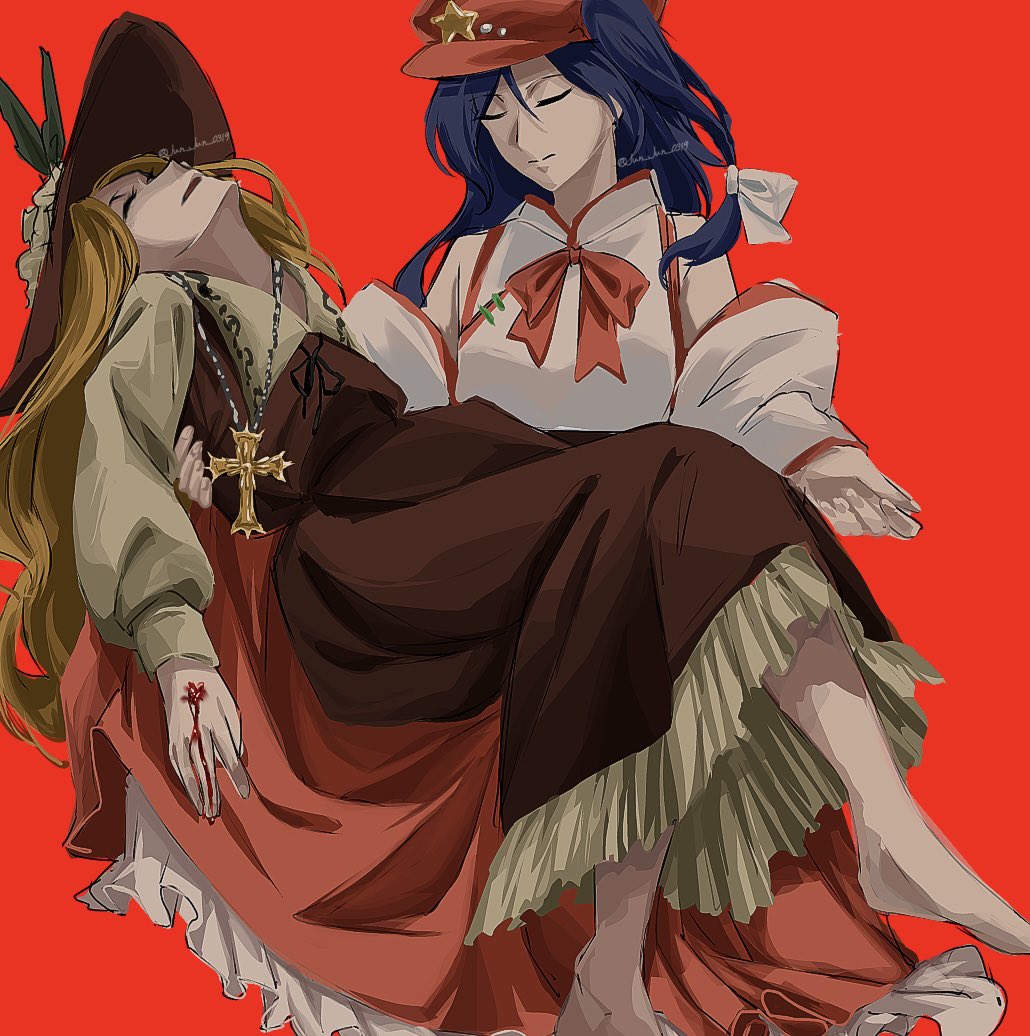 2girls, bare_shoulders, barefoot, black_ribbon, blonde_hair, blood, blue_eyes, brown_hat, brown_skirt, brown_vest, closed_eyes, closed_mouth, collared_shirt, commentary_request, cross, cross_necklace, dolls_in_pseudo_paradise, frilled_skirt, frills, hat, hat_ornament, jacket_girl_(dipp), jewelry, jun_jun_0319, label_girl_(dipp), long_hair, long_sleeves, mandarin_collar, multiple_girls, neck_ribbon, necklace, parted_lips, red_background, red_hat, red_ribbon, red_skirt, ribbon, shirt, side_ponytail, simple_background, skirt, star_(symbol), star_hat_ornament, touhou, very_long_hair, vest, wavy_hair, white_shirt, white_sleeves, wide_sleeves