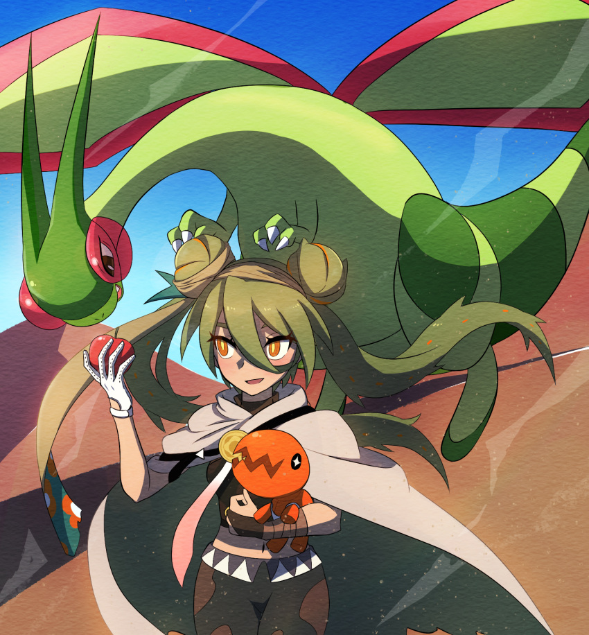 1girl, :d, apple, bright_pupils, cloak, commentary_request, day, desert