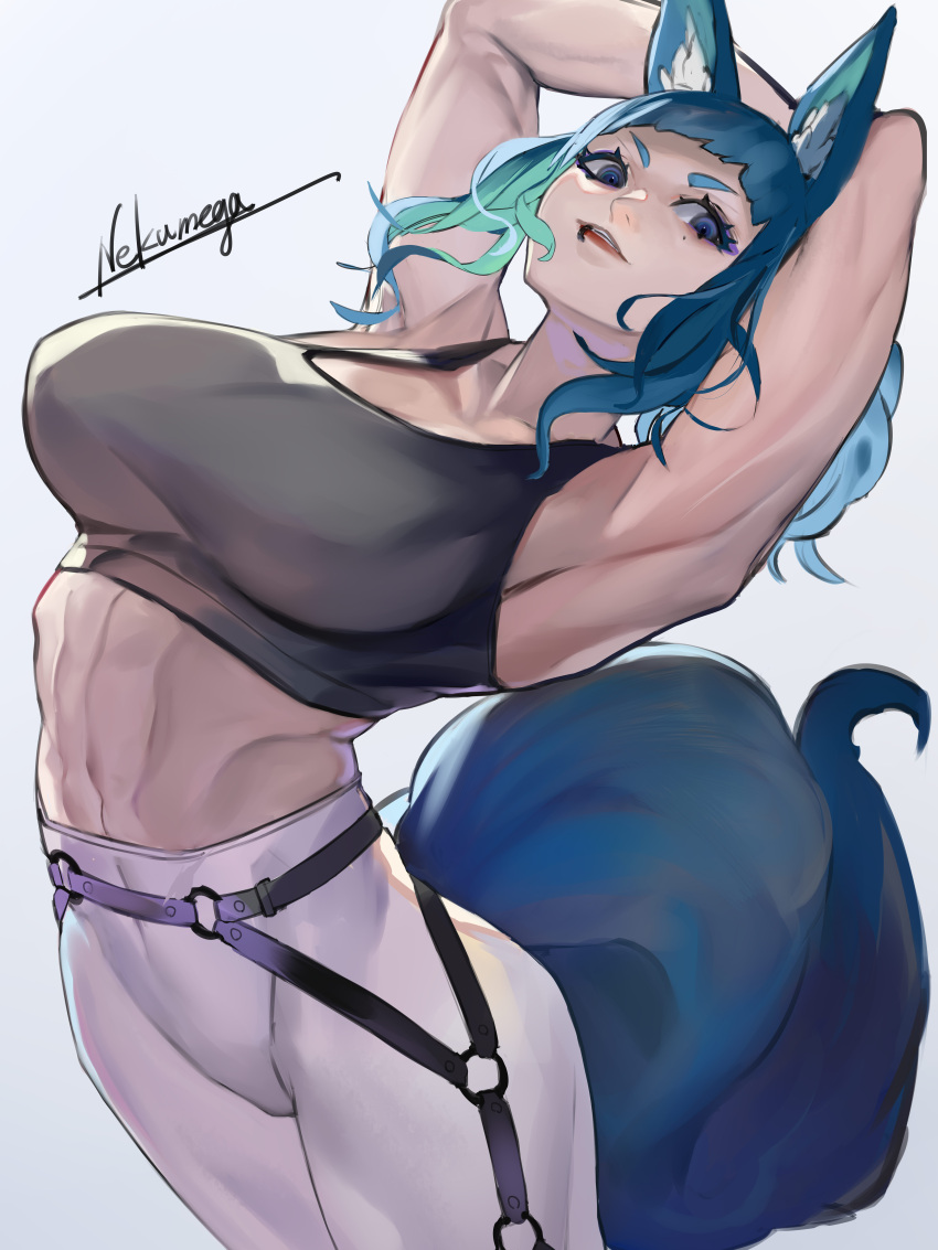 1girl, absurdres, animal_ears, breasts, green_eyes, green_hair, grey_tank_top, highres, looking_at_viewer, muscular, muscular_female, nekumega, original, pantyhose, parted_lips, signature, solo, tail, tank_top, white_background, white_pantyhose
