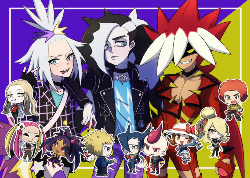 6+boys, 6+girls, \m/, afro, arm_on_another's_shoulder, black_gloves, black_hair, black_jacket