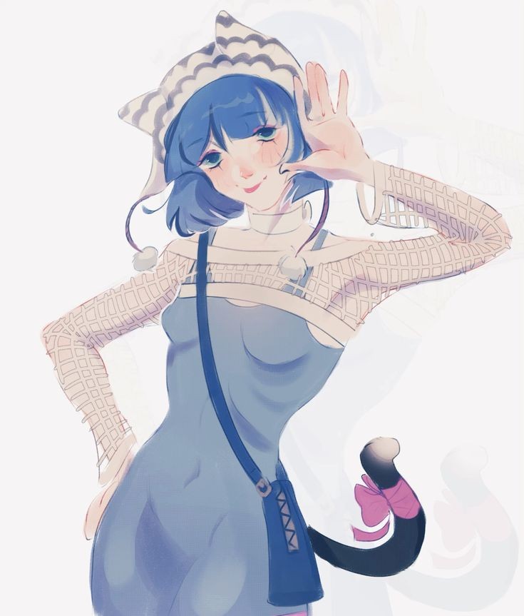 1girl, alt-girl_for_skuf, animal_hat, blue_dress, blue_eyes, blue_hair, cat_hat, cat_tail