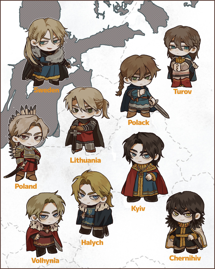 6+boys, absurdres, blonde_hair, braid, brown_eyes, cape, europe, green_eyes
