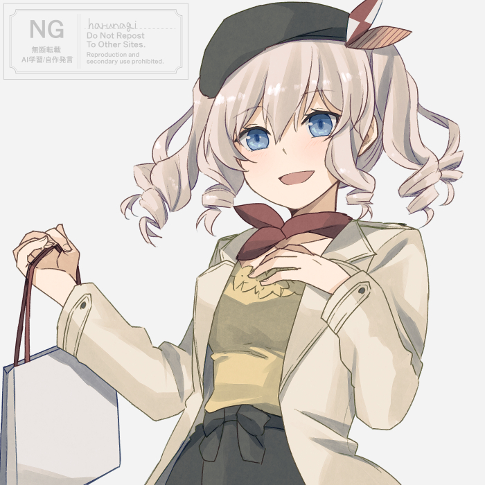 1girl, bag, beret, black_hat, black_skirt, blue_eyes, grey_background, grey_hair, harunagi_(amairo345), hat, holding, holding_bag, jacket, kantai_collection, kashima_(kancolle), kashima_(mitsukoshi)_(kancolle), long_hair, looking_at_viewer, official_alternate_costume, one-hour_drawing_challenge, red_scarf, scarf, shirt, shopping_bag, simple_background, skirt, smile, solo, twintails, watermark, wavy_hair, white_jacket, yellow_shirt