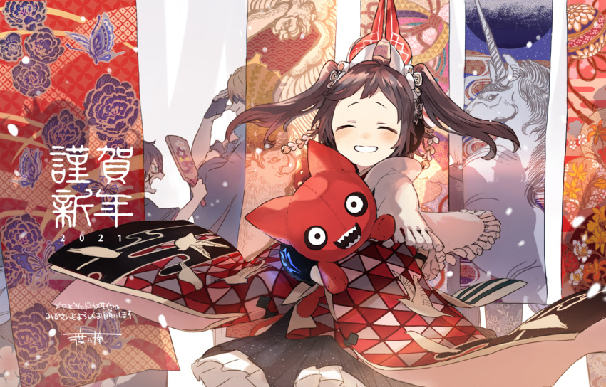 2021, 2boys, 2others, 4girls, ^_^, artist_name, black_gloves, blonde_hair