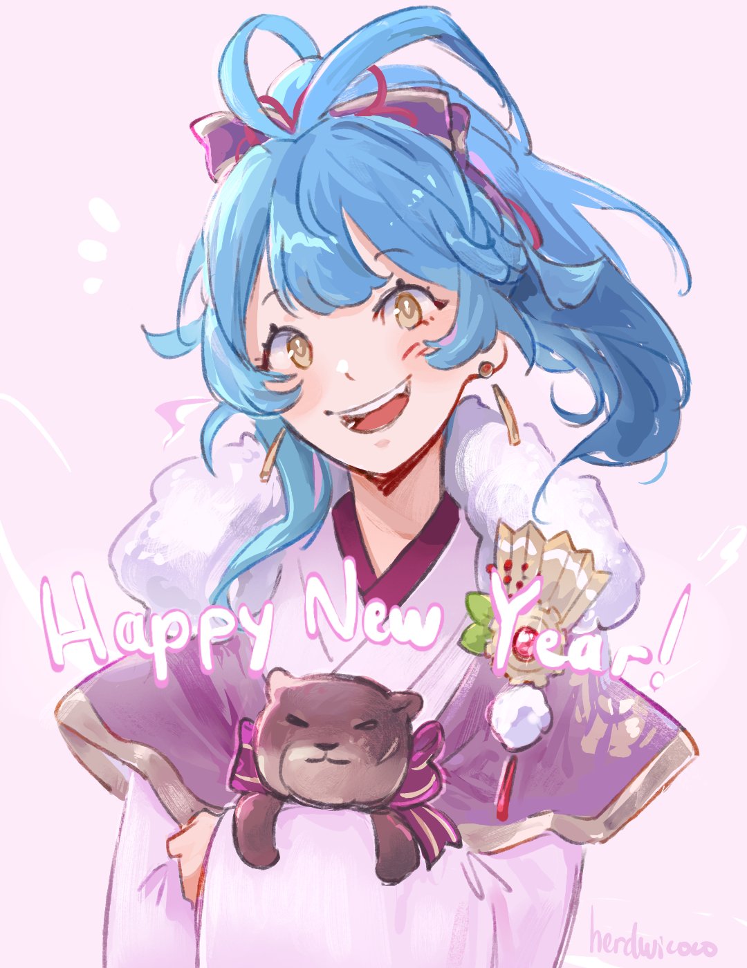 1girl, blue_hair, earrings, fire_emblem, fire_emblem_heroes, herdwicoco, highres, japanese_clothes