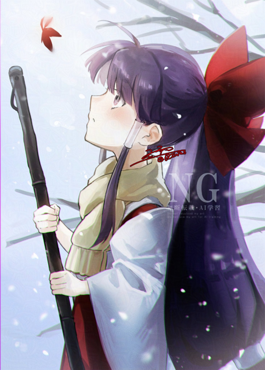 1girl, bare_tree, bow, broom, commentary_request, falling_leaves, hakama, hakama_pants, hakurei_reimu, hakurei_reimu_(pc-98), highres, holding, holding_broom, japanese_clothes, kimono, leaf, long_hair, long_sleeves, outdoors, pants, purple_hair, red_bow, red_pants, rokuya_(68_zusao), snowing, solo, touhou, touhou_(pc-98), tree, very_long_hair, violet_eyes, watermark, white_kimono