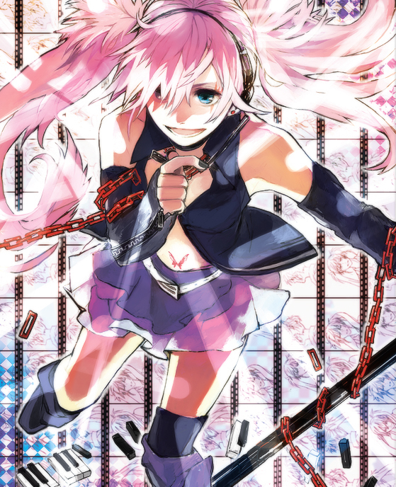 blue_eyes, boots, chain, chains, detached_sleeves, floating, hagane_miku, hagane_vocaloid