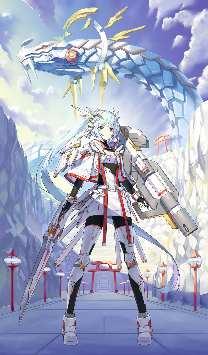 1girl, absurdly_long_hair, absurdres, blue_hair, capelet, chinese_zodiac, cliff, full_body
