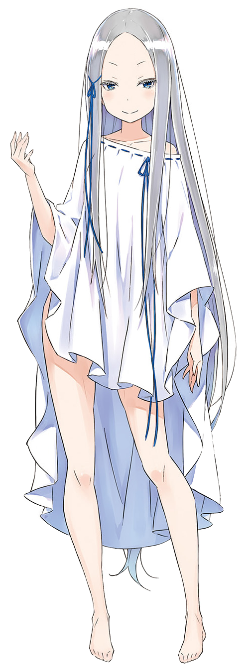 1girl, bare_legs, bare_shoulders, barefoot, blue_eyes, blue_ribbon, blush, closed_mouth