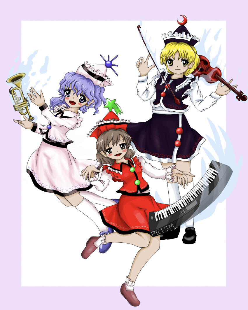 3girls, absurdres, ankle_socks, black_footwear, black_hat, black_skirt, black_vest, blonde_hair