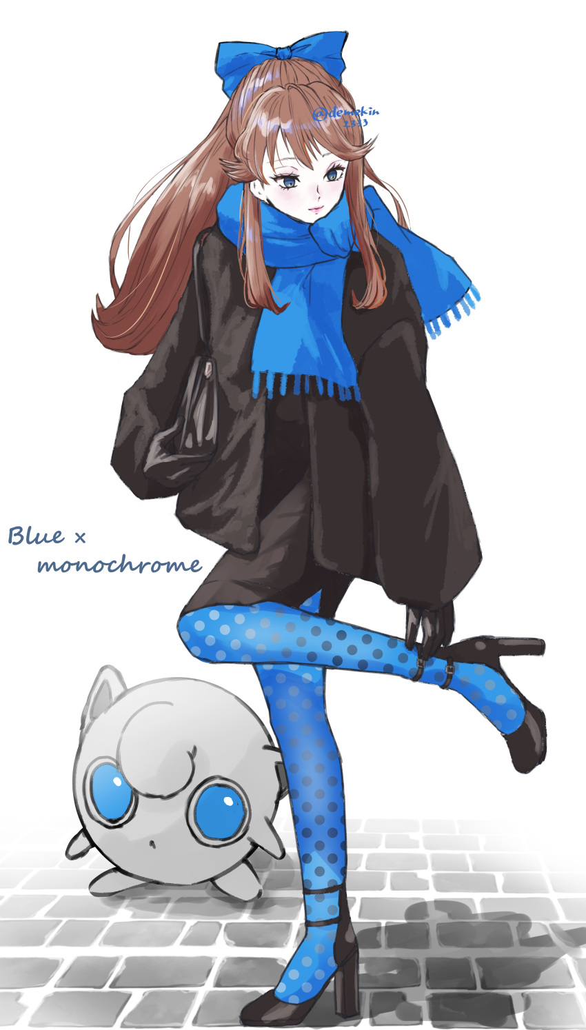 1girl, absurdres, alternate_costume, black_footwear, blue_bow, blue_eyes, blue_pantyhose, blue_scarf