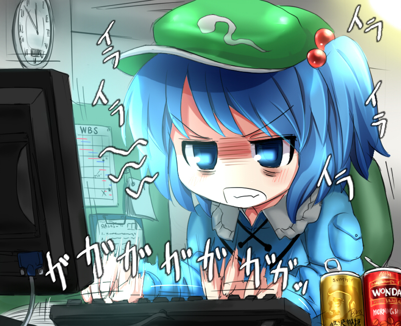 angry, annoyed, backpack, bag, bags_under_eyes, blue_eyes, blue_hair, computer