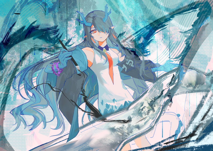 1girl, absurdres, arknights, bead_bracelet, beads, black_hair, bracelet, chunqiudameng229