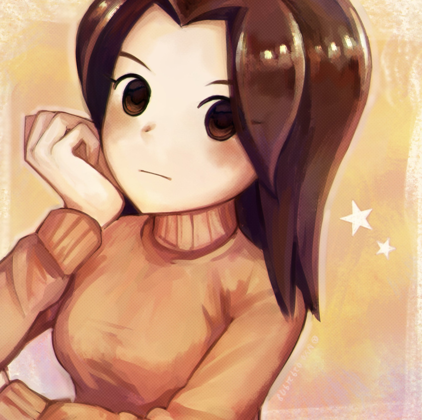 1girl, animification, blush, breasts, brown_eyes, brown_hair, closed_mouth, expressionless, hand_on_own_face, head_rest, highres, long_hair, long_sleeves, looking_at_viewer, medium_breasts, mii_(nintendo), mii_gunner, mii_gunner_(smash_4), nintendo, nyo02921978, orange_sweater, parted_bangs, solo, star_(symbol), super_smash_bros., sweater, turtleneck, upper_body