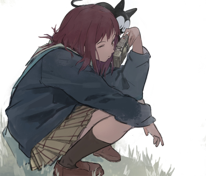 1girl, absurdres, animal, black_cat, black_socks, blue_sweater, brown_eyes, brown_footwear, brown_hair, brown_skirt, camera, cat, chenrong96, closed_mouth, flcl, from_side, grass, highres, holding, holding_camera, kneehighs, loafers, long_sleeves, medium_hair, one_eye_closed, pleated_skirt, samejima_mamimi, school_uniform, shoes, simple_background, skirt, socks, solo, squatting, sweater, takkun_(flcl), white_background
