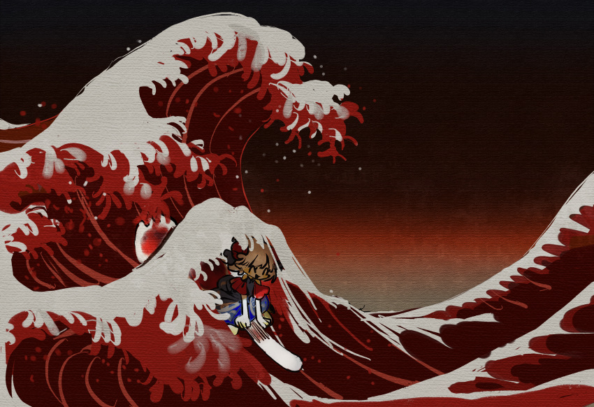 1girl, absurdres, bare_shoulders, closed_eyes, grey_shirt, grey_skirt, highres, horns, kanagawa_okinami_ura, open_mouth, oversized_spoon, red_horns, shirt, skirt, solo, surfing, touhou, toutetsu_yuuma, white_hair, zhixie_jiaobu