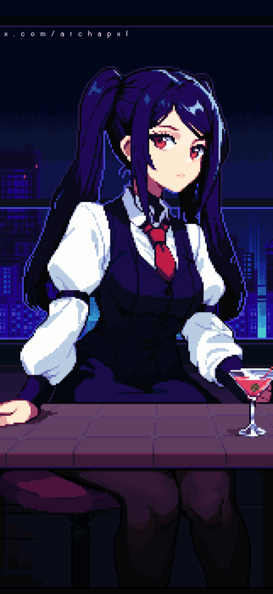 1girl, archapxl, bartender, breasts, building, censored, cityscape, closed_mouth