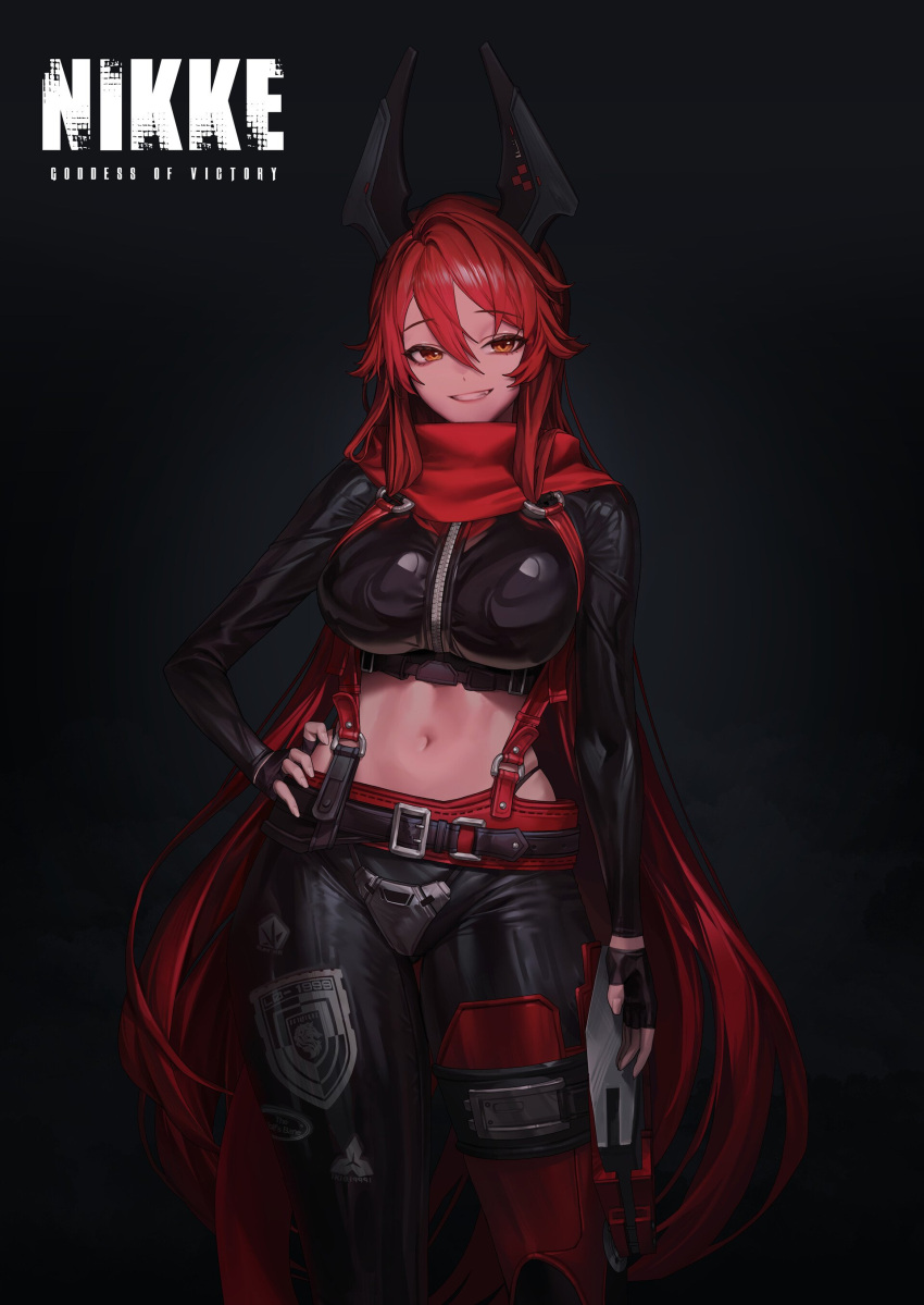 absurdres, black_background, black_gloves, black_horns, bodysuit, breasts, game_cg, gloves