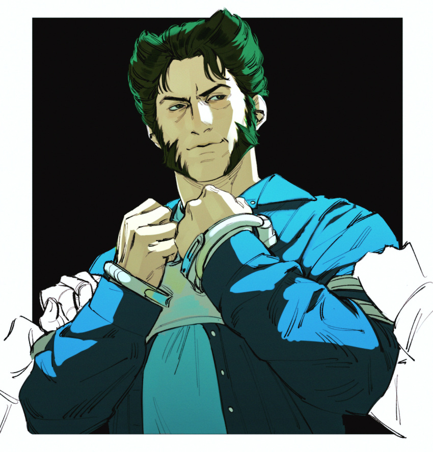 1boy, border, brown_hair, buttons, closed_mouth, cuffs, english_commentary, facial_hair, handcuffs, highres, limach-an, long_sleeves, male_focus, marvel, shirt, short_hair, smile, solo_focus, wolverine_(x-men), x-men, x-men_film_series, x2_(2003)