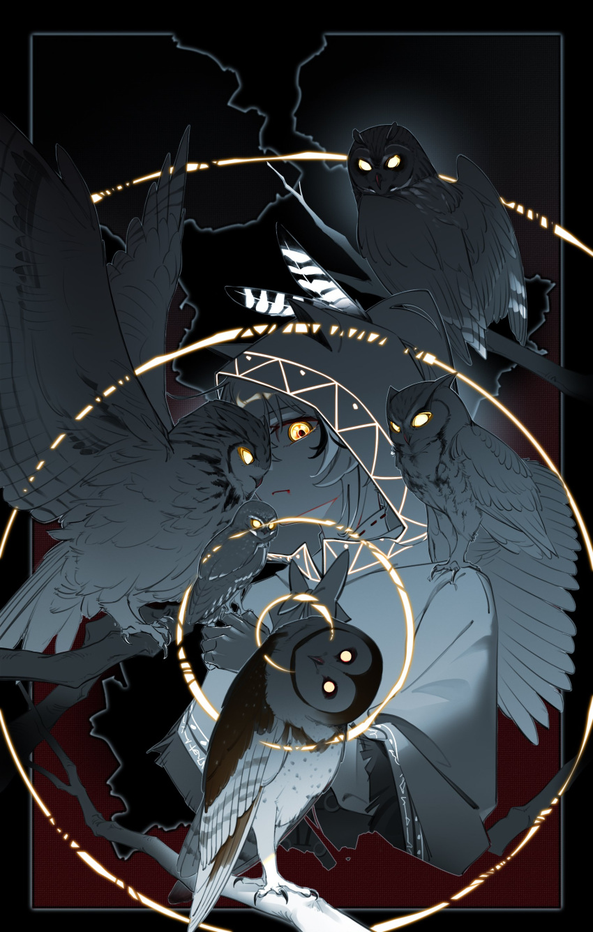 1girl, 5others, absurdres, bird, black_background, blood, blood_from_mouth, blood_on_face