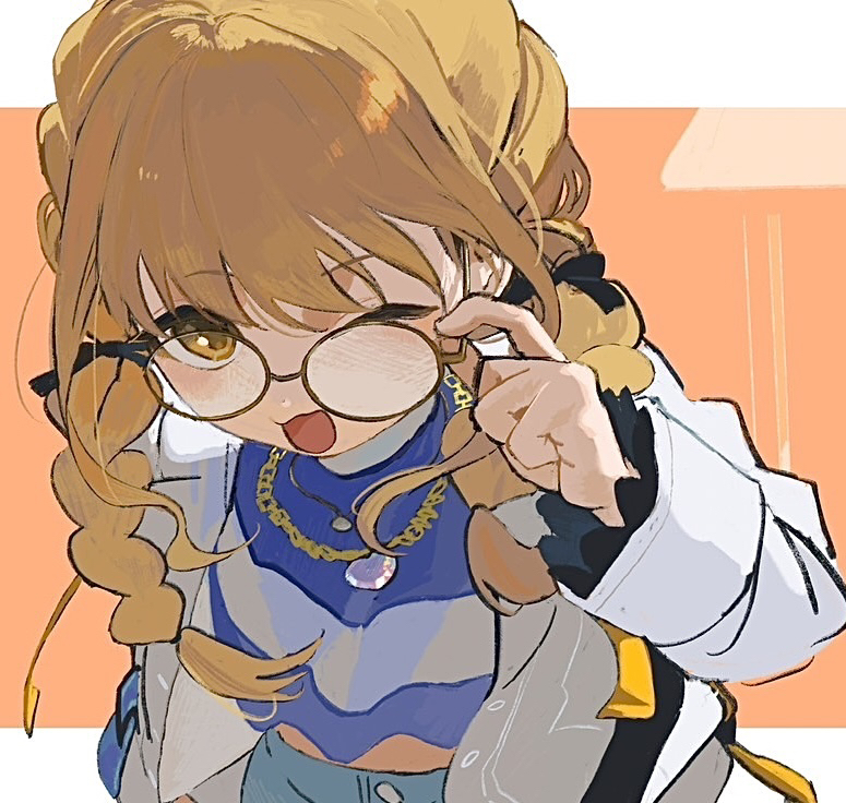 1girl, ;d, adjusting_eyewear, blonde_hair, blue_shirt, braid, brown-framed_eyewear, chain